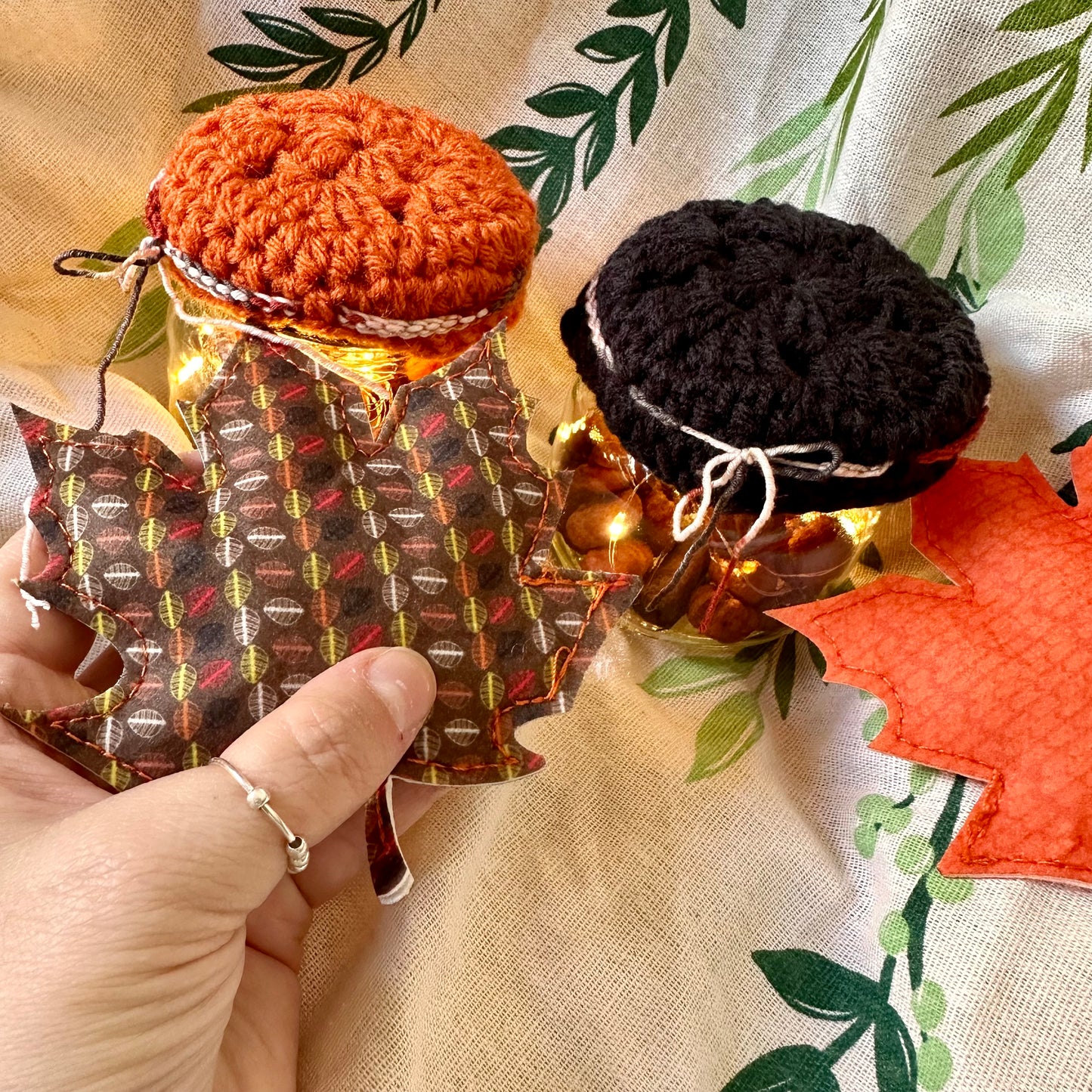 Matching Mug Cozies with customized leaf