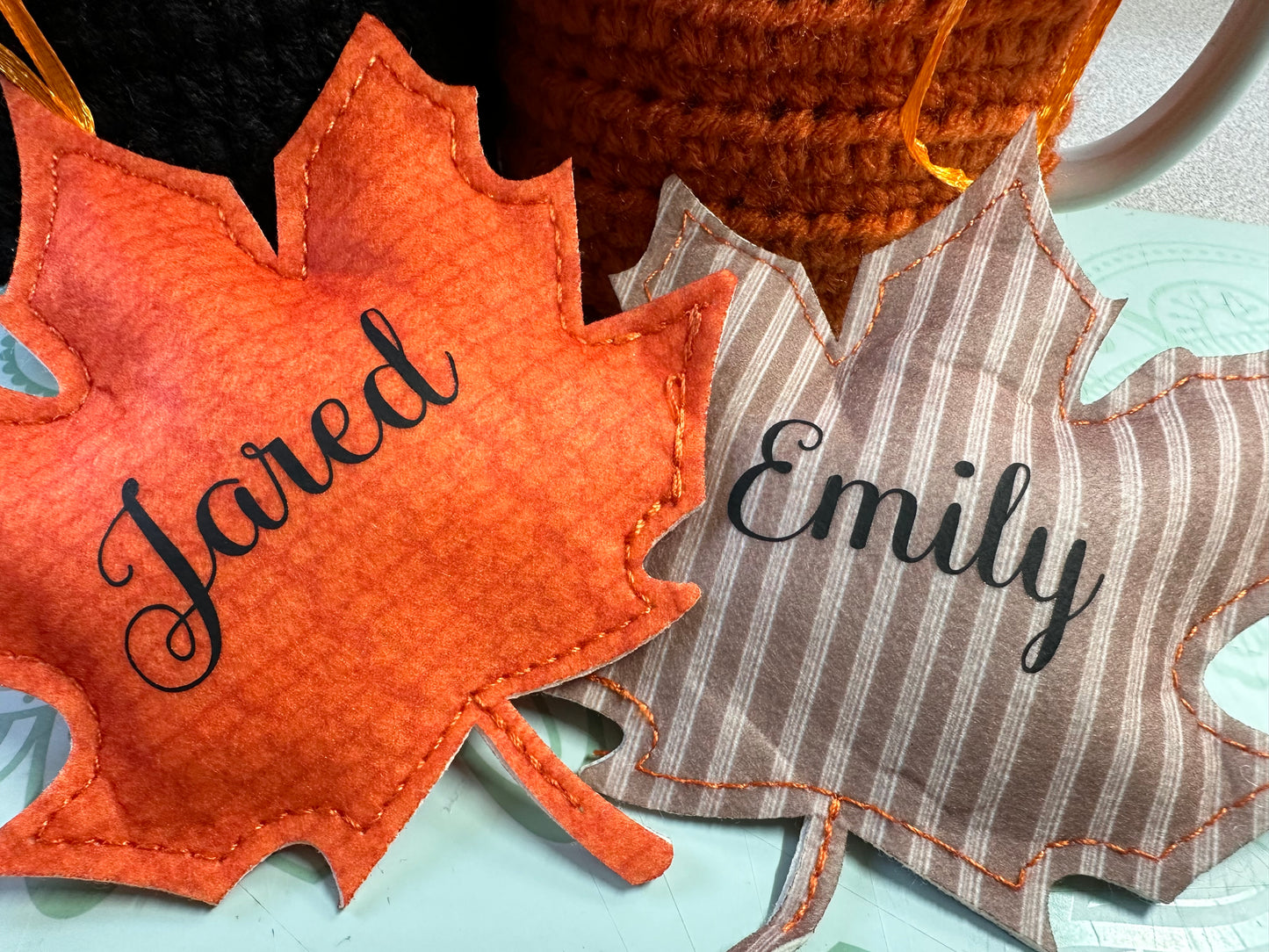 Matching Mug Cozies with customized leaf