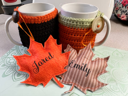 Matching Mug Cozies with customized leaf